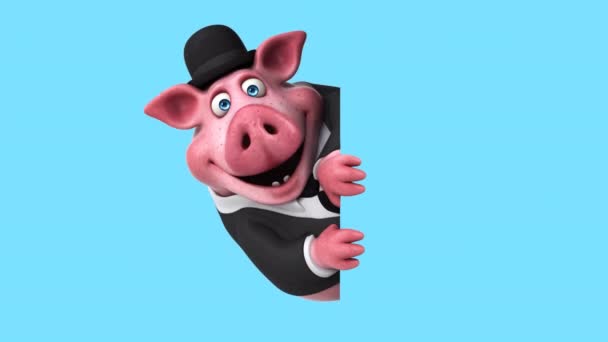 Divertido Personaje Dibujos Animados Cerdo Sombrero Jugador Bolos Animación — Vídeo de stock