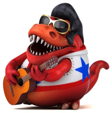 Fun 3D cartoon illustration of a Trex rocker with guitar 