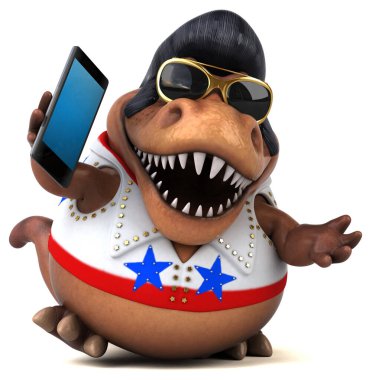 Fun 3D cartoon illustration of a Trex rocker with smartphone 