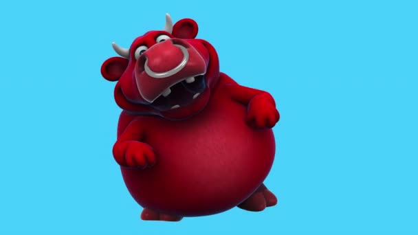 面白い漫画のキャラクター赤い牛のダンス 3Dアニメーション — ストック動画