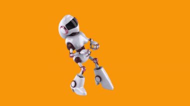  Sarı arkaplanda dans eden robot çizgi film karakteri - 3 boyutlu animasyon 