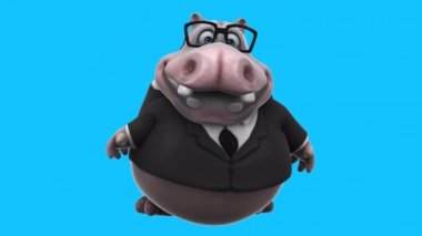 Takım elbiseli bir çizgi film karakteri hipopotamın eğlenceli 3 boyutlu animasyonu konuşuyor. 