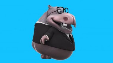 Takım elbiseli bir çizgi film karakteri hipopotamın eğlenceli 3 boyutlu animasyonu konuşuyor. 