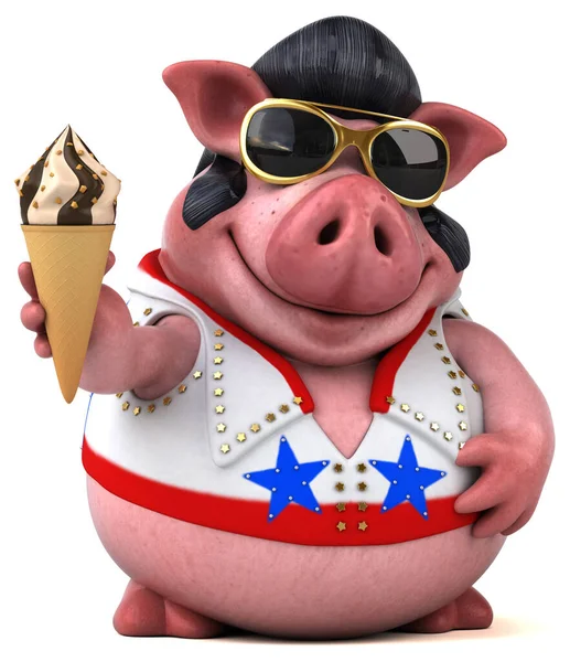 Desenho Animado Divertido Ilustração Roqueiro Porco Com Sorvete — Fotografia de Stock