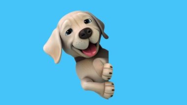 Mavi arka planda izole edilmiş şirin bir çizgi film köpeğinin 3D canlandırması