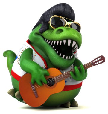 Fun 3D cartoon illustration of a Trex rocker with guitar 