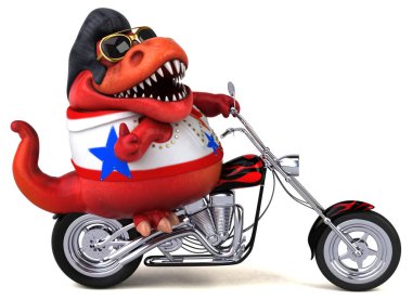 Fun 3D cartoon illustration of a Trex rocker on motorbike