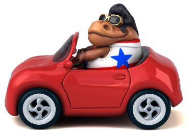 Fun 3D cartoon illustration of a Trex rocker on car 