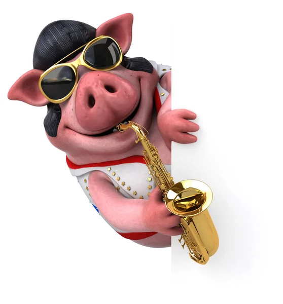 Fun Cartoon Illustration Pig Rocker Instrument — 스톡 사진