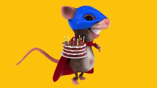 マウス漫画のキャラクタースーパーヒーローとともにケーキ — ストック動画
