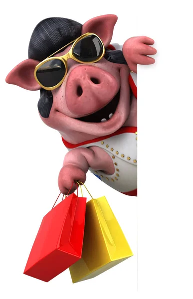 バッグ付きの豚ロッカーの楽しい3D漫画イラスト — ストック写真