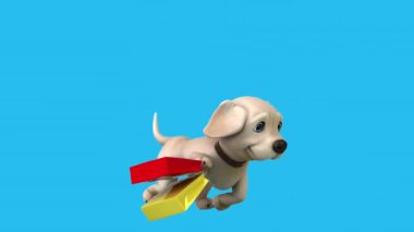 Alışveriş torbalarıyla koşan eğlenceli üç boyutlu çizgi film karakteri Labrador 