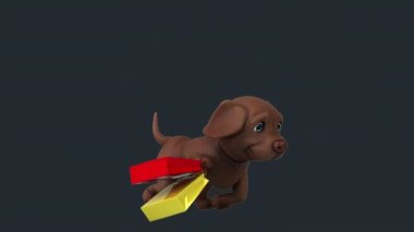 Alışveriş torbalarıyla koşan eğlenceli üç boyutlu çizgi film karakteri Labrador 