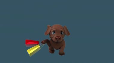 Alışveriş torbalarıyla koşan eğlenceli üç boyutlu çizgi film karakteri Labrador 