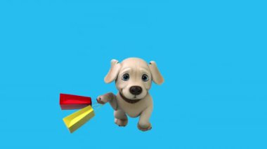 Alışveriş torbalarıyla koşan eğlenceli üç boyutlu çizgi film karakteri Labrador 