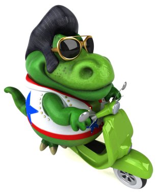 Fun 3D cartoon illustration of a Trex rocker on scooter