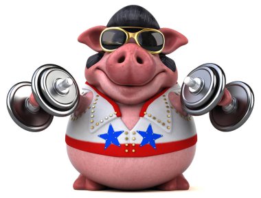 Fun 3D cartoon illustration of a pig rocker with weights 