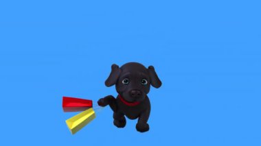 Alışveriş torbalarıyla koşan eğlenceli üç boyutlu çizgi film karakteri Labrador 