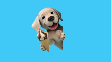 Eğlenceli üç boyutlu çizgi film karakteri Labrador ve dondurma.