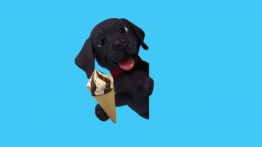 Eğlenceli üç boyutlu çizgi film karakteri Labrador ve dondurma.