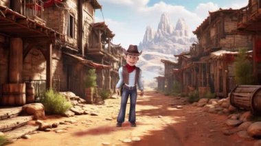 Funny cartoon character  cowboy in city   - 3d animation 