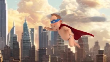 Fun cartoon  baby superhero flying - 3d animation 