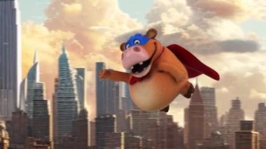 Funny cartoon character cow superhero flying  over city  - 3d animation 