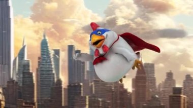  chicken superhero  funny cartoon character  flying over city    - 3D animation 