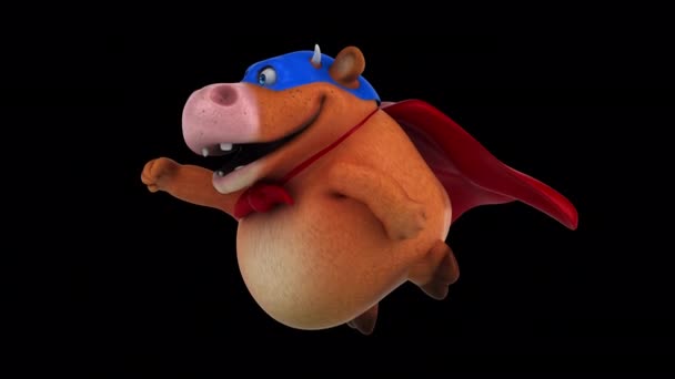Funny Cartoon Character Cow Superhero Flying Animation — стоковое видео