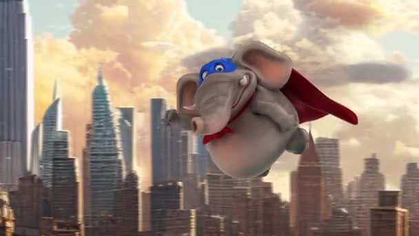 Elephant Superhero Fun Cartoon Character Flying City Animation — Vídeos de Stock