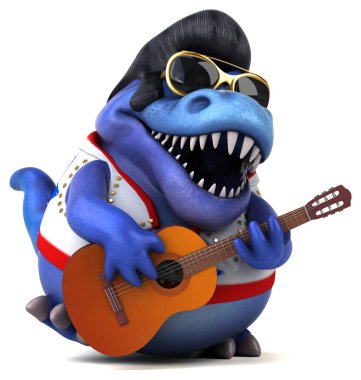 Fun 3D cartoon illustration of a Trex rocker with guitar 