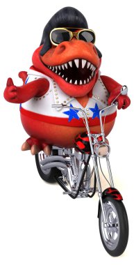 Fun 3D cartoon illustration of a Trex rocker on motorbike