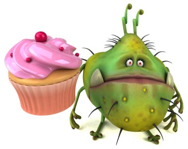 Cupcake ile Eğlenceli mikrop - 3d İllüstrasyon