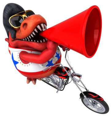 Fun 3D cartoon illustration of a Trex rocker on motorbike