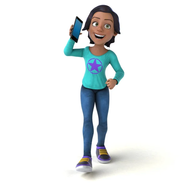 带智能手机的亚洲少女3D卡通片 — 图库照片