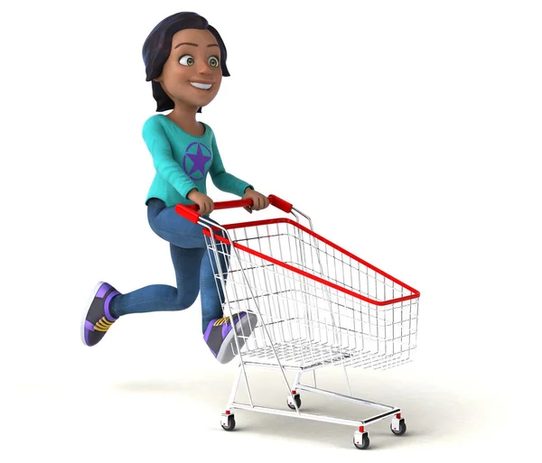 有趣的3D漫画亚洲少女与购物车 — 图库照片