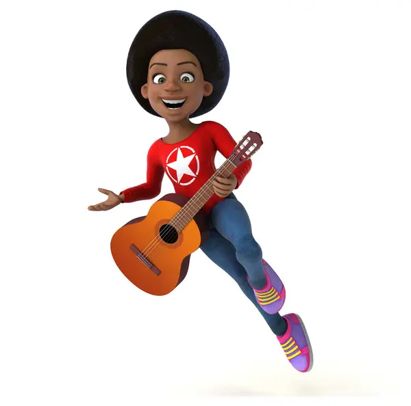 带吉他的3D卡通片黑人少女 — 图库照片