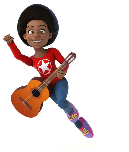 带吉他的3D卡通片黑人少女 — 图库照片