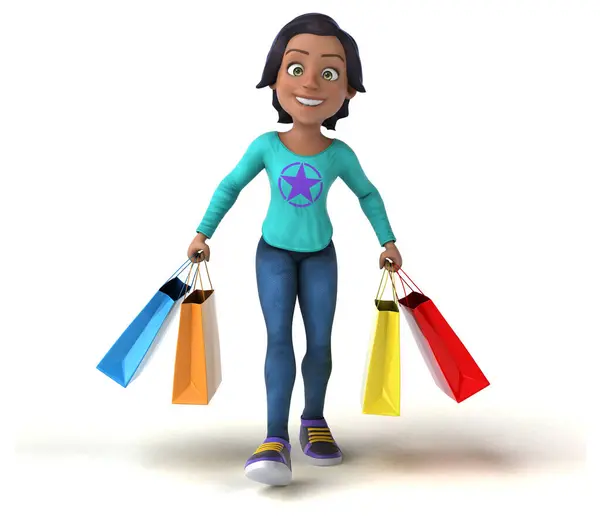 Rolig Tecknad Asiatisk Tonåring Flicka Med Shoppingväskor — Stockfoto