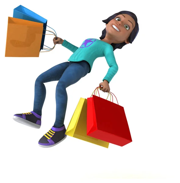 Rolig Tecknad Asiatisk Tonåring Flicka Med Shoppingväskor — Stockfoto