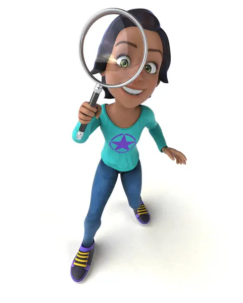 带放大镜的亚洲少女3D卡通片 — 图库照片