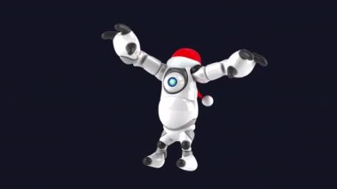 Noel Baba şapkalı beyaz robot siyah arka planda dans ediyor.