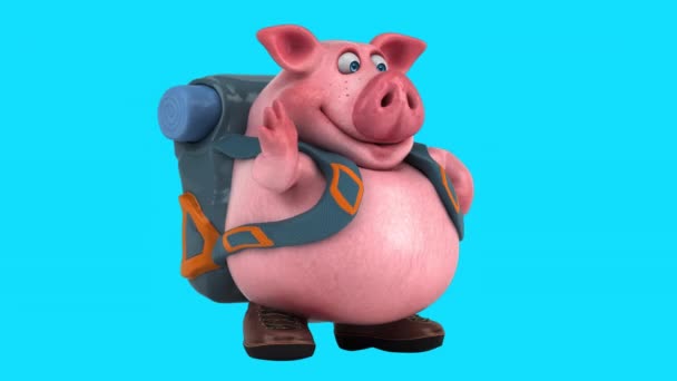 Divertido Personaje Dibujos Animados Cerdo Con Mochila Gesto Hola — Vídeo de stock