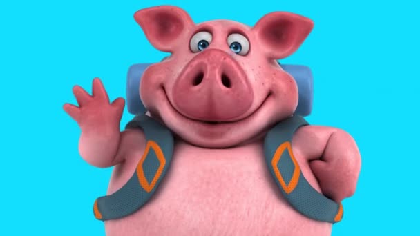 Divertido Personaje Dibujos Animados Cerdo Con Mochila Gesto Hola — Vídeos de Stock
