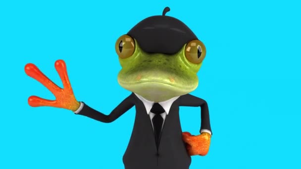 Веселий Мультфільм Французький Бізнесмен Жаба Персонажа Каже Привіт — стокове відео