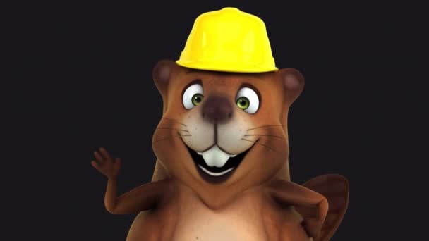 Fun Beaver Character Yellow Helmet Gesturing Hello Animation — Stock Video