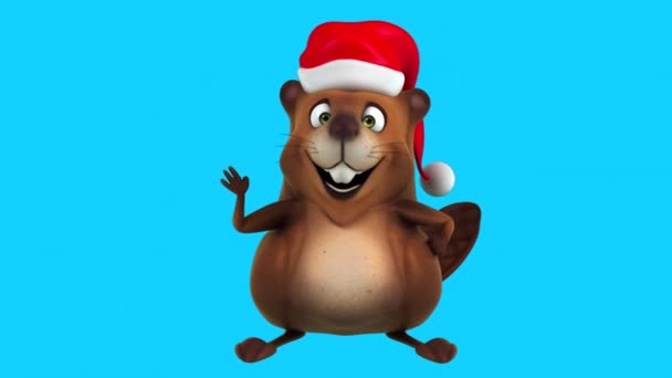 Rolig Bäver Karaktär Santa Claus Hatt Gesterande Hej Animation — Stockvideo