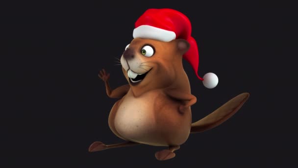 Leuke Bever Karakter Kerstman Hoed Gebaren Hallo Animatie — Stockvideo