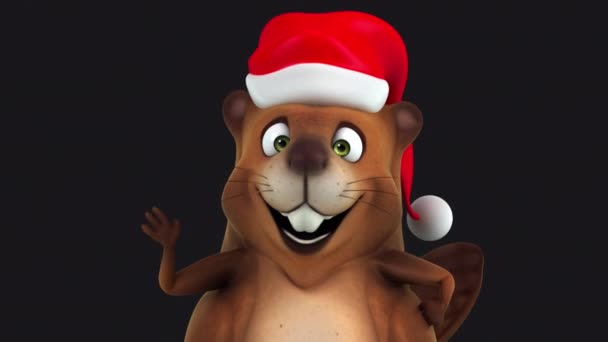 Zabawna Postać Bobra Kapeluszu Świętego Mikołaja Gestykulująca Hello Animacja — Wideo stockowe