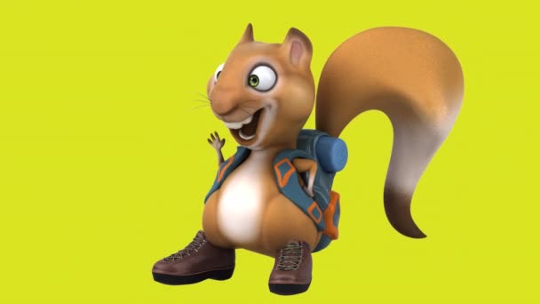 Διασκέδαση Σκίουρος Backpacker Χαρακτήρα Κινουμένων Σχεδίων Λέει Γεια — Αρχείο Βίντεο